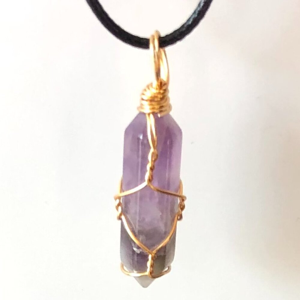 Amethyst Natural Gemstone Hexagonal Point Gold Wire Wrapped Pendant - Picture 4 of 4